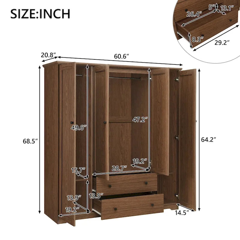4 Door Wardrobe Armoire Closet with 2 Drawers, Freestanding Wardrobe Clothes Storage Cabinet with Hanging Rods