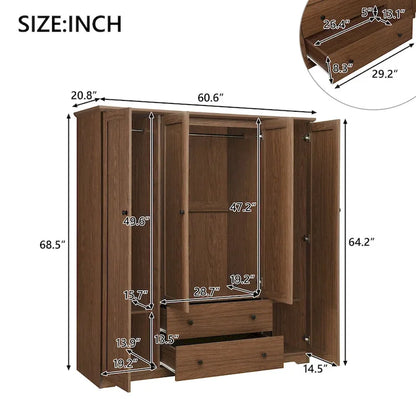 4 Door Wardrobe Armoire Closet with 2 Drawers, Freestanding Wardrobe Clothes Storage Cabinet with Hanging Rods