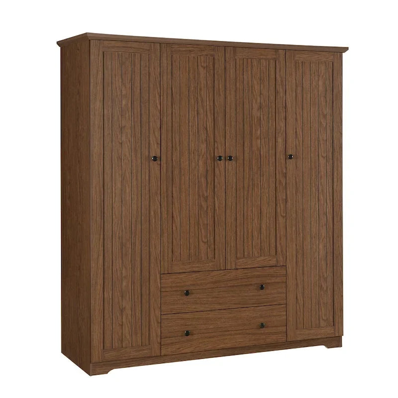 4 Door Wardrobe Armoire Closet with 2 Drawers, Freestanding Wardrobe Clothes Storage Cabinet with Hanging Rods
