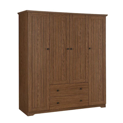 4 Door Wardrobe Armoire Closet with 2 Drawers, Freestanding Wardrobe Clothes Storage Cabinet with Hanging Rods