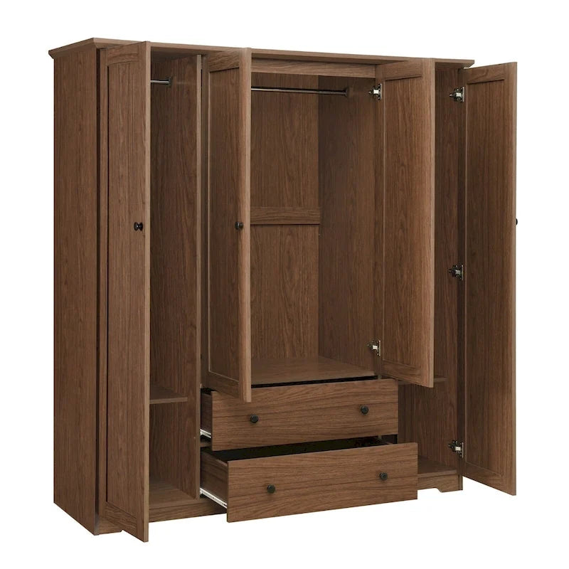 4 Door Wardrobe Armoire Closet with 2 Drawers, Freestanding Wardrobe Clothes Storage Cabinet with Hanging Rods