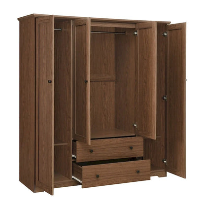 4 Door Wardrobe Armoire Closet with 2 Drawers, Freestanding Wardrobe Clothes Storage Cabinet with Hanging Rods