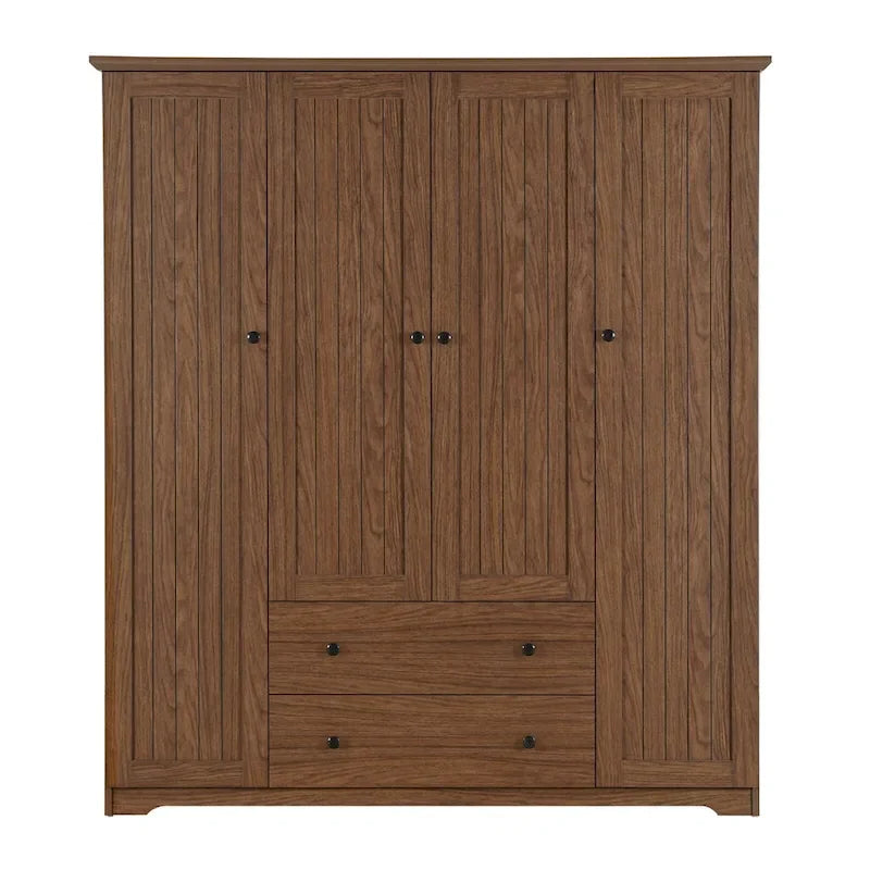 4 Door Wardrobe Armoire Closet with 2 Drawers, Freestanding Wardrobe Clothes Storage Cabinet with Hanging Rods
