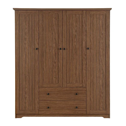 4 Door Wardrobe Armoire Closet with 2 Drawers, Freestanding Wardrobe Clothes Storage Cabinet with Hanging Rods