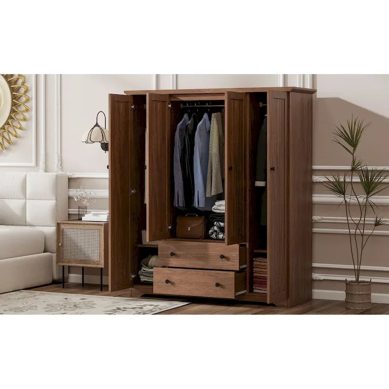 4 Door Wardrobe Armoire Closet with 2 Drawers, Freestanding Wardrobe Clothes Storage Cabinet with Hanging Rods