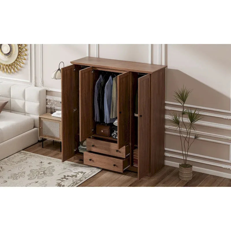 4 Door Wardrobe Armoire Closet with 2 Drawers, Freestanding Wardrobe Clothes Storage Cabinet with Hanging Rods