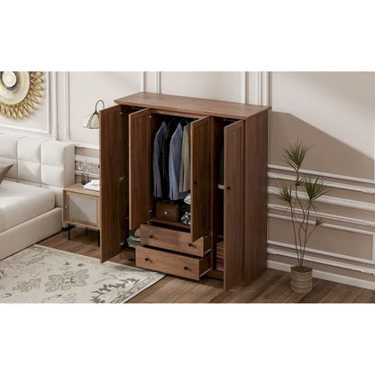 4 Door Wardrobe Armoire Closet with 2 Drawers, Freestanding Wardrobe Clothes Storage Cabinet with Hanging Rods