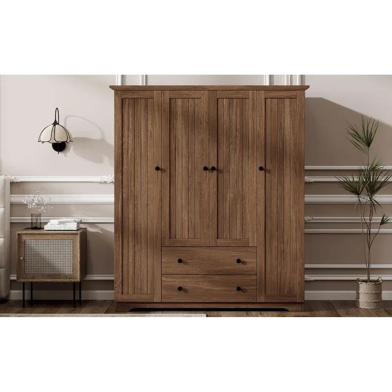 4 Door Wardrobe Armoire Closet with 2 Drawers, Freestanding Wardrobe Clothes Storage Cabinet with Hanging Rods