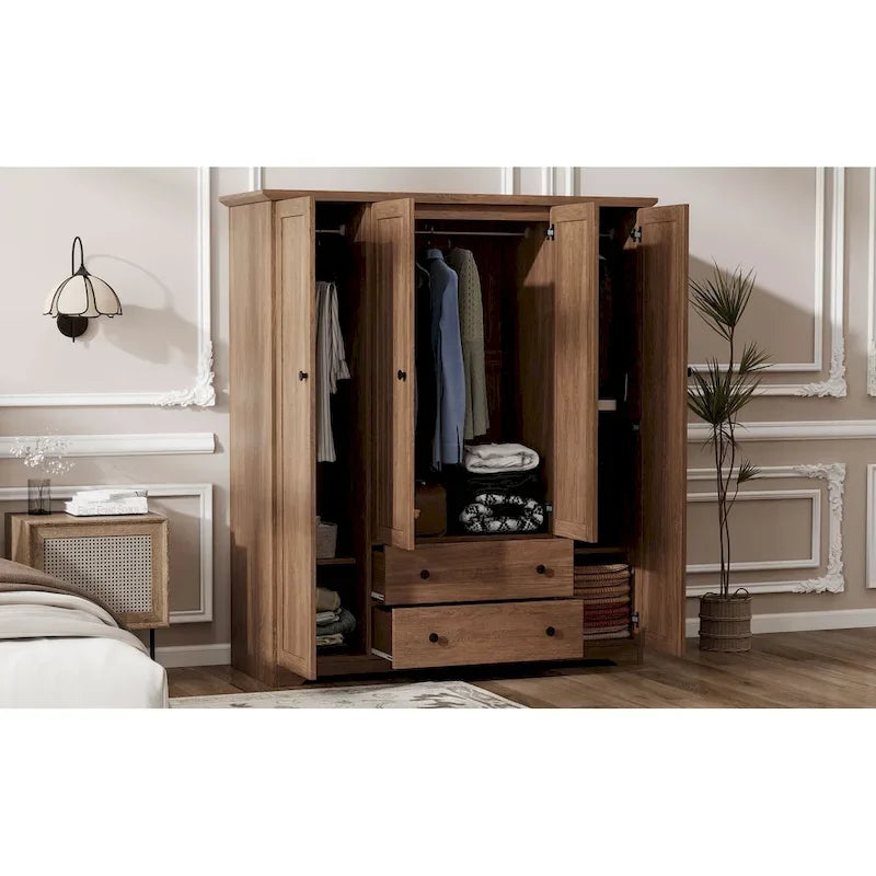 4 Door Wardrobe Armoire Closet with 2 Drawers, Freestanding Wardrobe Clothes Storage Cabinet with Hanging Rods