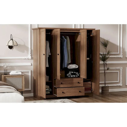 4 Door Wardrobe Armoire Closet with 2 Drawers, Freestanding Wardrobe Clothes Storage Cabinet with Hanging Rods