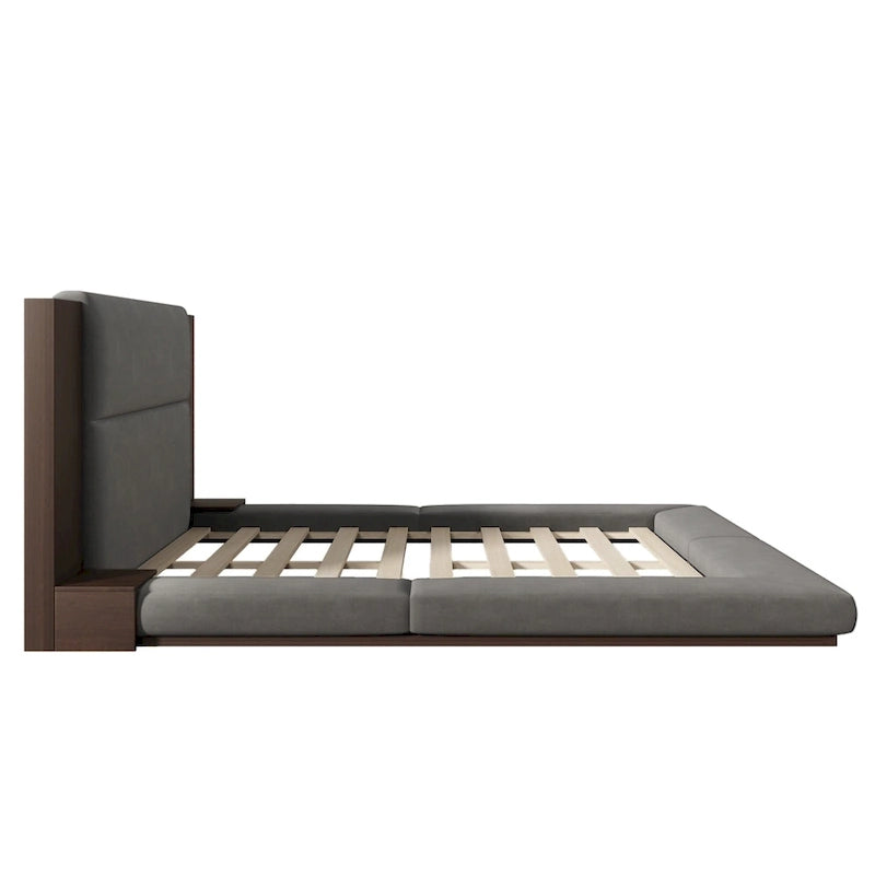 King Gray Floor Upholstered Bed Low Profile Platform Bed w/ Extended Wood Headboard, Built-in Nightstand Shelves
