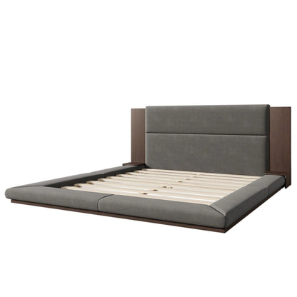 King Gray Floor Upholstered Bed Low Profile Platform Bed w/ Extended Wood Headboard, Built-in Nightstand Shelves