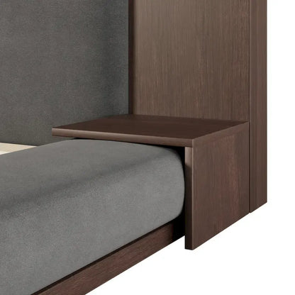 King Gray Floor Upholstered Bed Low Profile Platform Bed w/ Extended Wood Headboard, Built-in Nightstand Shelves