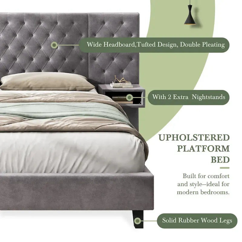 Christopher Knight Home - Alexander King Velvet Upholstered Tufted Platform Bed with Nightstands