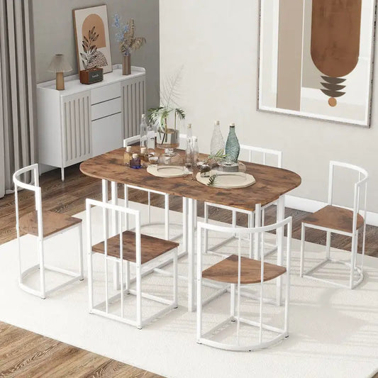 Modern 7-Piece Metal Frame Dining Table Set with Half-Round Table & 6 Chairs