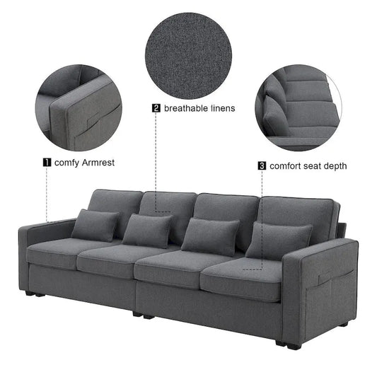 104 4-Seater Modern Linen Fabric Sofa with Armrest Pockets and 4 Pillows