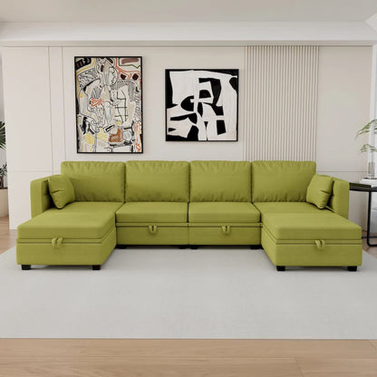 Modular U-shaped adjustable sectional sofa with reversible chains and storage seats