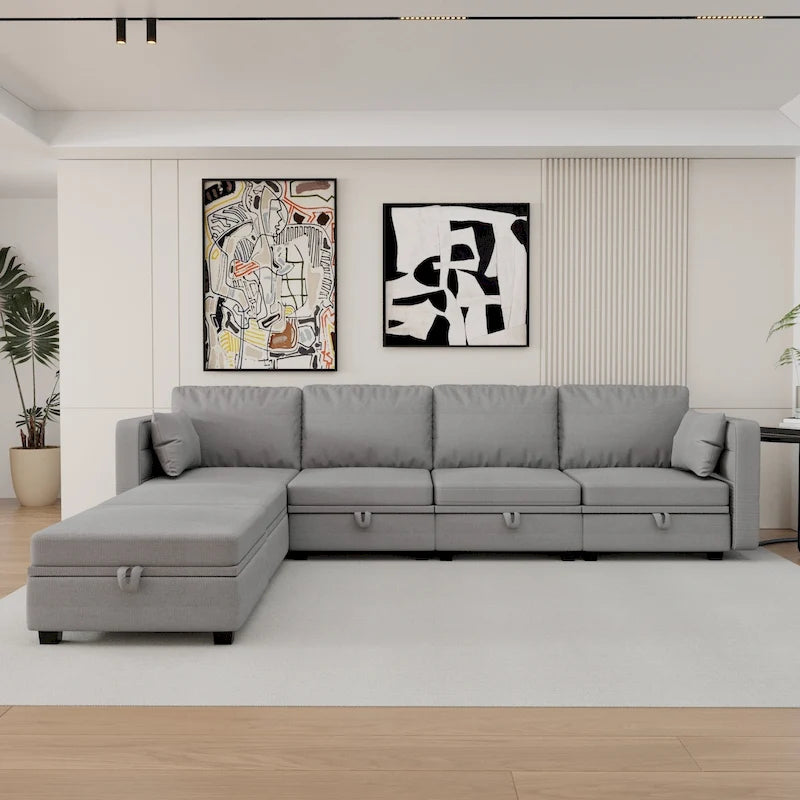 Modular U-shaped adjustable sectional sofa with reversible chains and storage seats