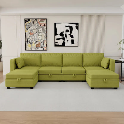 Modular U-shaped adjustable sectional sofa with reversible chains and storage seats