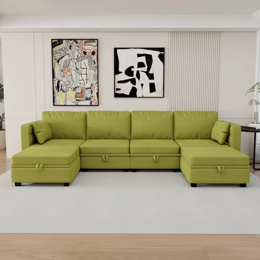 Modular U-shaped adjustable sectional sofa with reversible chains and storage seats