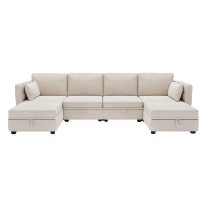 Modular U-shaped adjustable sectional sofa with reversible chains and storage seats