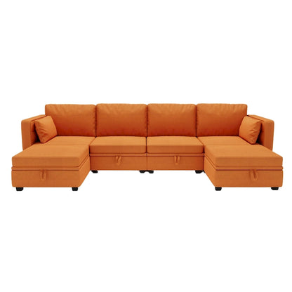 Modular U-shaped adjustable sectional sofa with reversible chains and storage seats