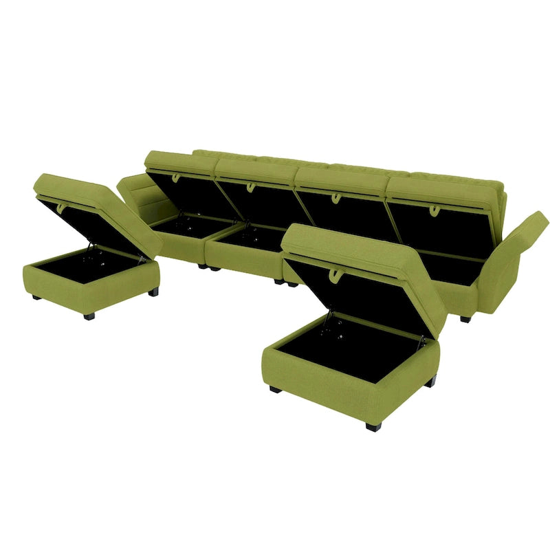 Modular U-shaped adjustable sectional sofa with reversible chains and storage seats