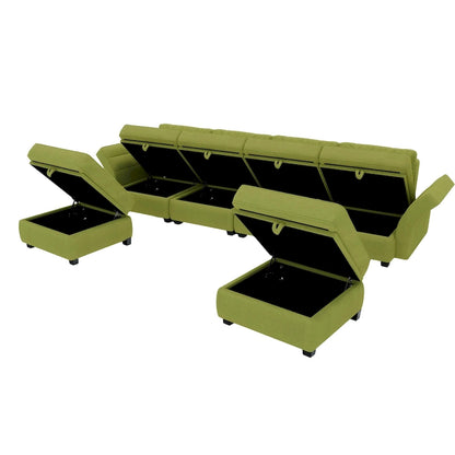 Modular U-shaped adjustable sectional sofa with reversible chains and storage seats