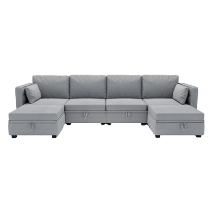 Modular U-shaped adjustable sectional sofa with reversible chains and storage seats