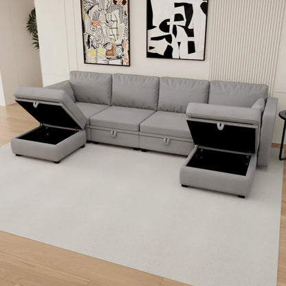 Modular U-shaped adjustable sectional sofa with reversible chains and storage seats