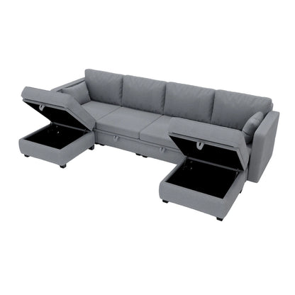 Modular U-shaped adjustable sectional sofa with reversible chains and storage seats