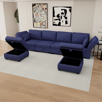 Modular U-shaped adjustable sectional sofa with reversible chains and storage seats