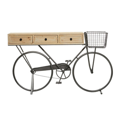 Metal Bike 3 Drawers Console Table with Brown Wood Top - Black - Roche River Decor - 15Wx58Lx34H