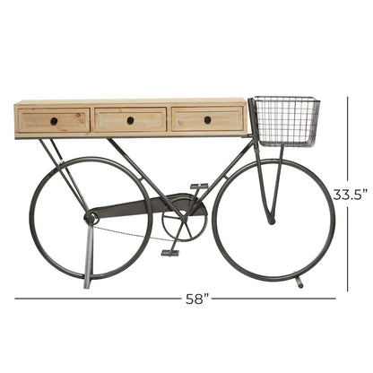 Metal Bike 3 Drawers Console Table with Brown Wood Top - Black - Roche River Decor - 15Wx58Lx34H