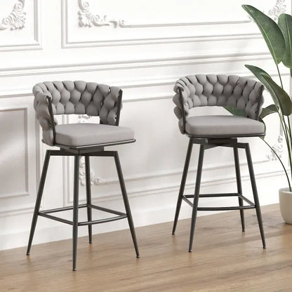 2 Woven Bar Stool,Black Legs No Adjustable Chairs,360 Swivel Upholstered Bar Chair Counter Stool Arm Chairs With Back Footrest