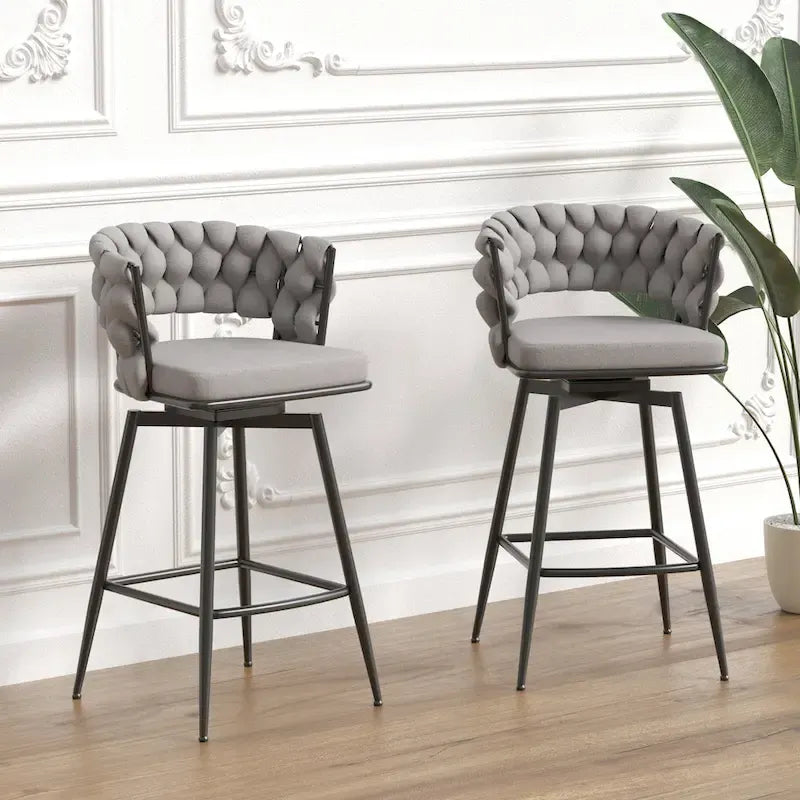 2 Woven Bar Stool,Black Legs No Adjustable Chairs,360 Swivel Upholstered Bar Chair Counter Stool Arm Chairs With Back Footrest