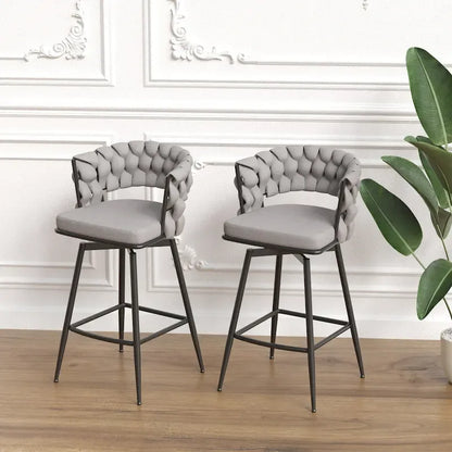 2 Woven Bar Stool,Black Legs No Adjustable Chairs,360 Swivel Upholstered Bar Chair Counter Stool Arm Chairs With Back Footrest
