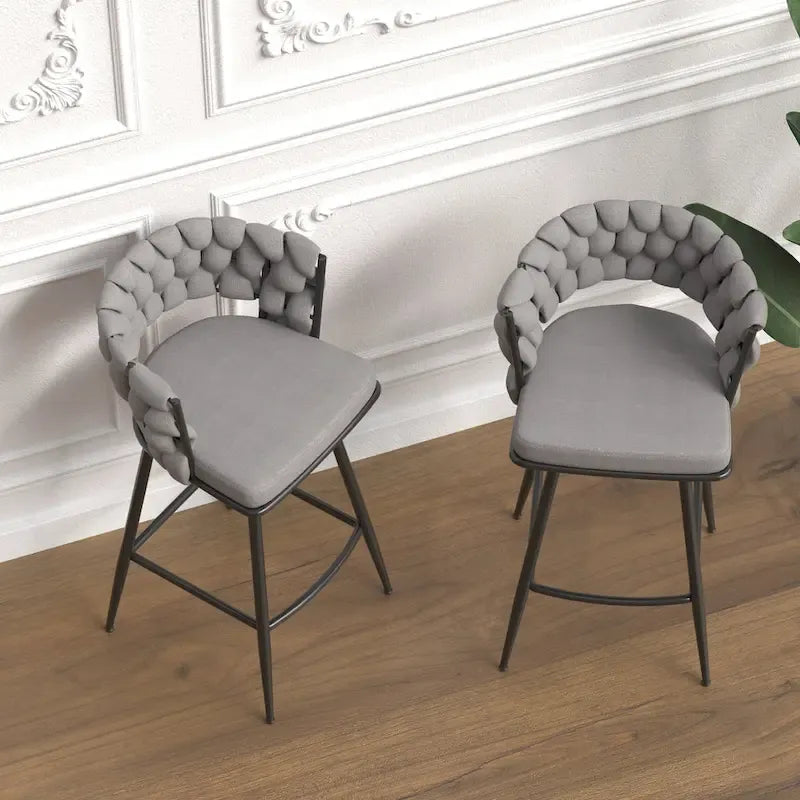 2 Woven Bar Stool,Black Legs No Adjustable Chairs,360 Swivel Upholstered Bar Chair Counter Stool Arm Chairs With Back Footrest