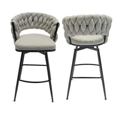 2 Woven Bar Stool,Black Legs No Adjustable Chairs,360 Swivel Upholstered Bar Chair Counter Stool Arm Chairs With Back Footrest