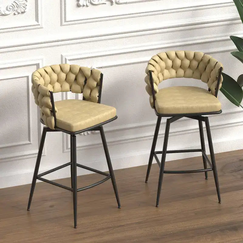 2 Woven Bar Stool,Black Legs No Adjustable Chairs,360 Swivel Upholstered Bar Chair Counter Stool Arm Chairs With Back Footrest