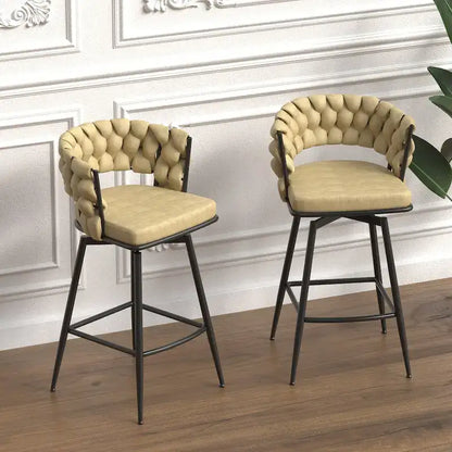 2 Woven Bar Stool,Black Legs No Adjustable Chairs,360 Swivel Upholstered Bar Chair Counter Stool Arm Chairs With Back Footrest
