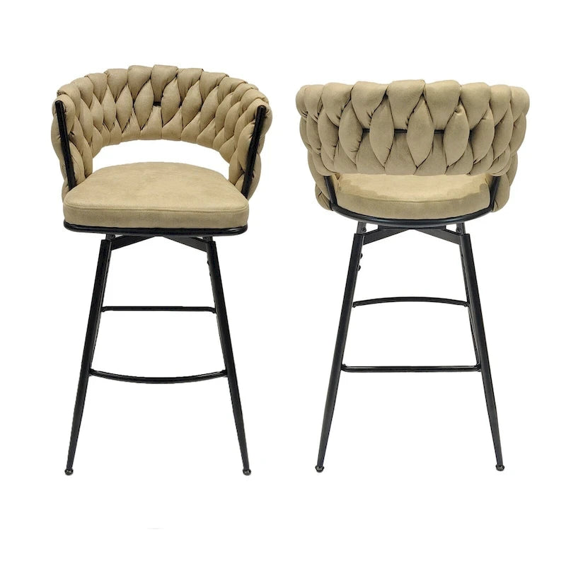 2 Woven Bar Stool,Black Legs No Adjustable Chairs,360 Swivel Upholstered Bar Chair Counter Stool Arm Chairs With Back Footrest