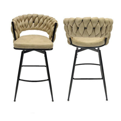 2 Woven Bar Stool,Black Legs No Adjustable Chairs,360 Swivel Upholstered Bar Chair Counter Stool Arm Chairs With Back Footrest
