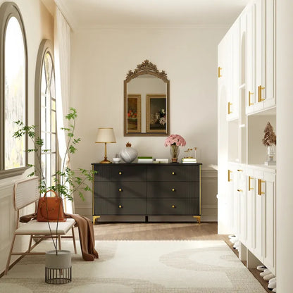 White Lacquer Dresser 6 Drawer Dresser with Metal Handle and Legs