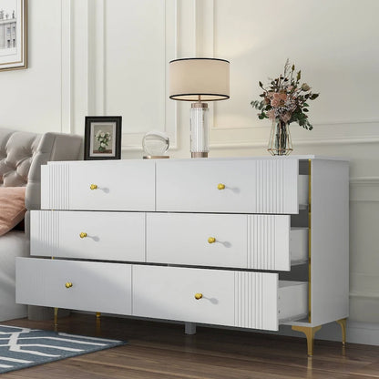 White Lacquer Dresser 6 Drawer Dresser with Metal Handle and Legs