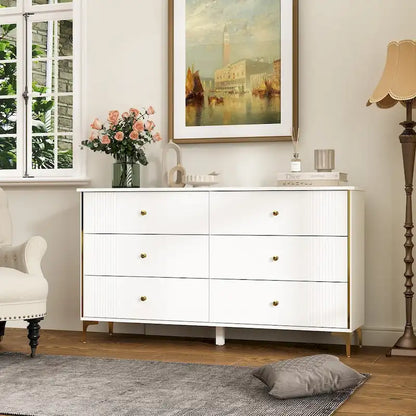 White Lacquer Dresser 6 Drawer Dresser with Metal Handle and Legs