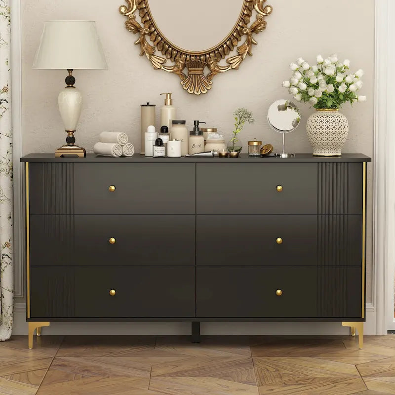 White Lacquer Dresser 6 Drawer Dresser with Metal Handle and Legs