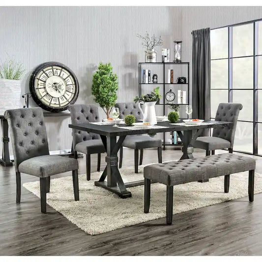 Chalwa Rustic Wood Upholstered 6-Piece Dining Set with Table and 4 Chairs and 1 Bench by Copper Grove