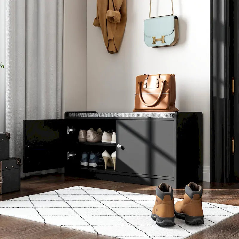 Shoe Storage Bench Storage Entryway Bench Door Cabinet Cushioned