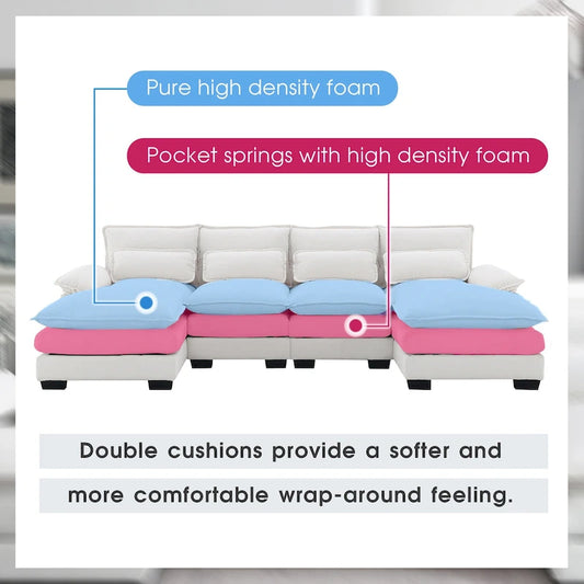 [VIDEO provided][New]109.8*55.9 Modern U-shaped Sectional Sofa with Waist Pillows,6-seat Upholstered Symmetrical Sofa Furniture